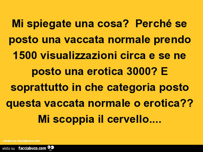 Mi spiegate una cosa? Perché se posto una vaccata normale prendo 1500 visualizzazioni circa e se ne posto una erotica 3000? E soprattutto in che categoria posto questa vaccata normale o erotica? Mi scoppia il cervello