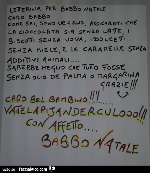 Letterina per babbo natale. Caro babbo come sai sono vegano