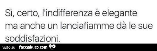 Sì, certo, l'indifferenza è elegante ma anche un lanciafiamme dà le sue soddisfazioni