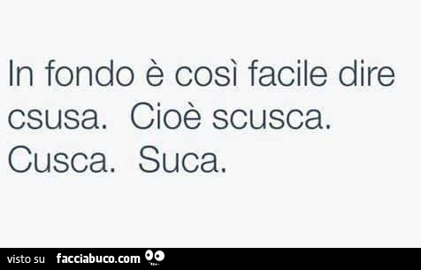 In fondo è così facile dire csusa. Cioè scusca. Cusca. Suca