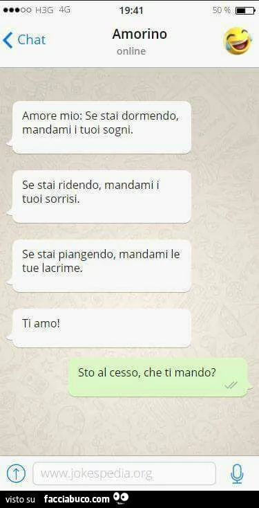 Amore mio se stai dormendo mandami i tuoi sogni. Se stai ridendo mandami i tuoi sorrisi. Sto al cesso, che ti mando?