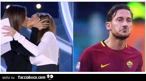 Bacio fra Belen e Ilary Blasi. L'espressione di Totti