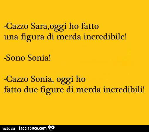 Cazzo sara, oggi ho fatto una figura di merda incredibile! Sono sonia! Cazzo sonia, oggi ho fatto due figure di merda incredibili