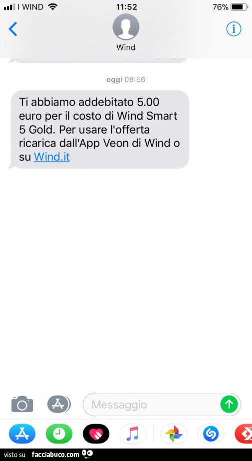 Ti abbiamo addebitato 5.00 euro per il costo di wind smart 5 gold