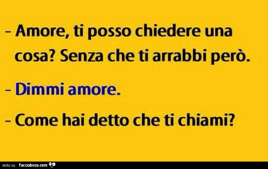 Amore, ti posso chiedere una cosa? Senza che ti arrabbi però. Dimmi amore. Come hai detto che ti chiami?
