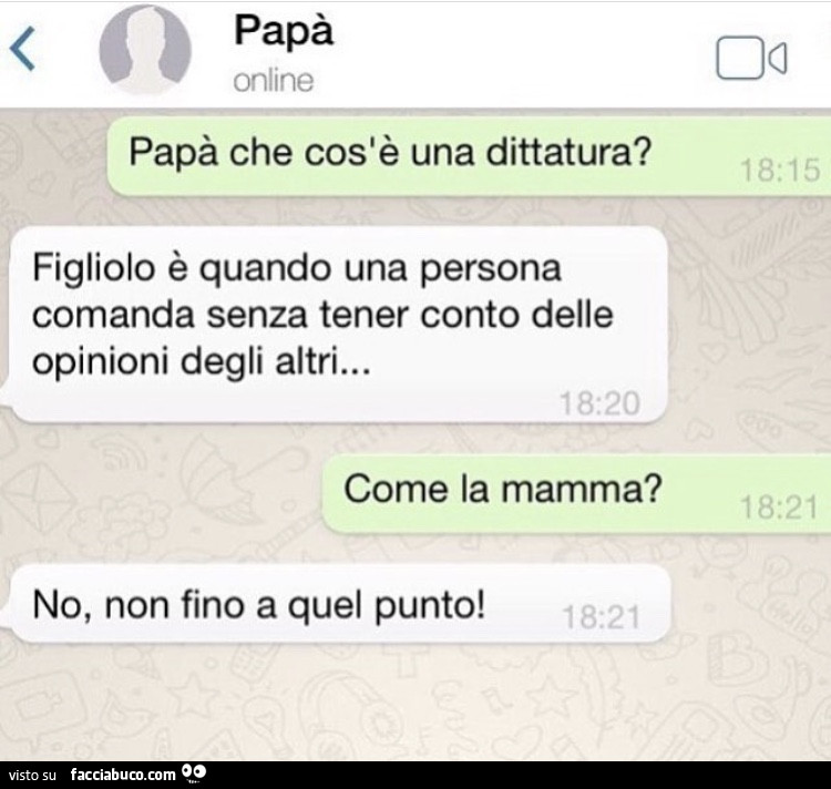Papà che cos'è una dittatura? Figliolo è quando una persona comanda senza tener conto delle opinioni degli altri. Come la mamma? No, non fino a quel punto