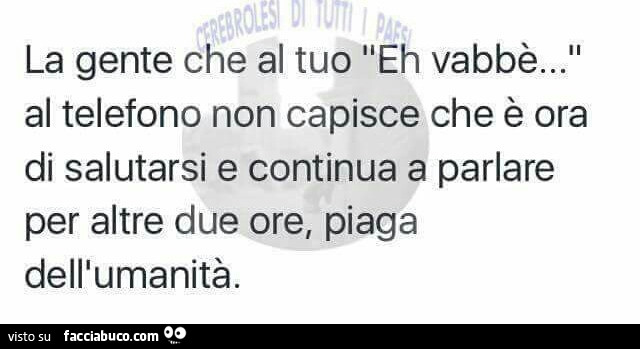 La gente che al tuo "eh vabbè… " al telefono non capisce che è ora di salutarsi e continua a parlare per altre due ore, piaga dell'umanità