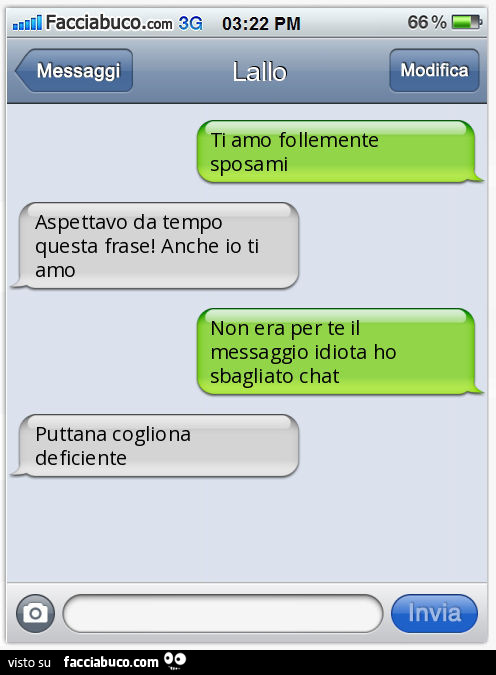 Ti amo follemente sposami Aspettavo da tempo questa frase! Anche io ti amo Non era per te il messaggio idiota ho sbagliato chat Puttana cogliona deficiente