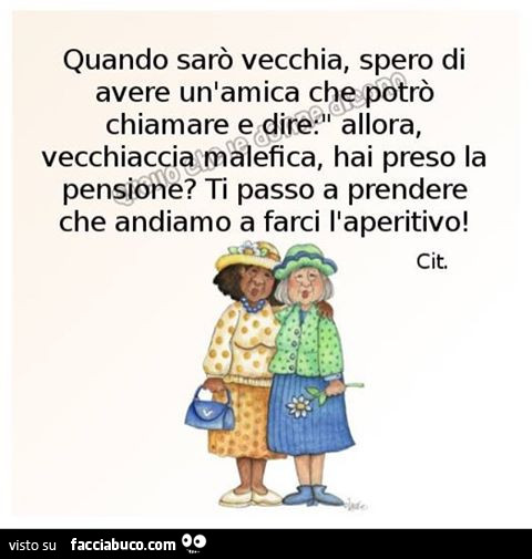 Quando sarò vecchia, spero di avere un'amica che potrò chiamare e dire: allora, vecchiaccia malefica, hai preso la pensione? Ti passo a prendere che andiamo a farci l'aperitivo