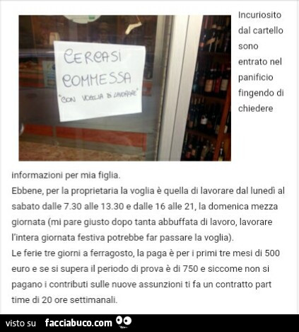 Cercasi commessa con voglia di lavorare. Incuriosito dal cartello sono entrato nel panificio fingendo di chiedere informazioni per mia figlia