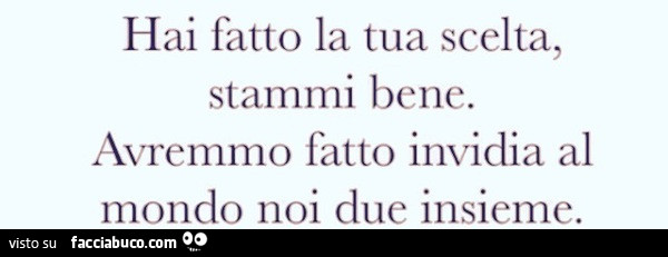 Hai fatto la tua scelta, stammi bene. Avremmo fatto invidia al mondo noi due insieme