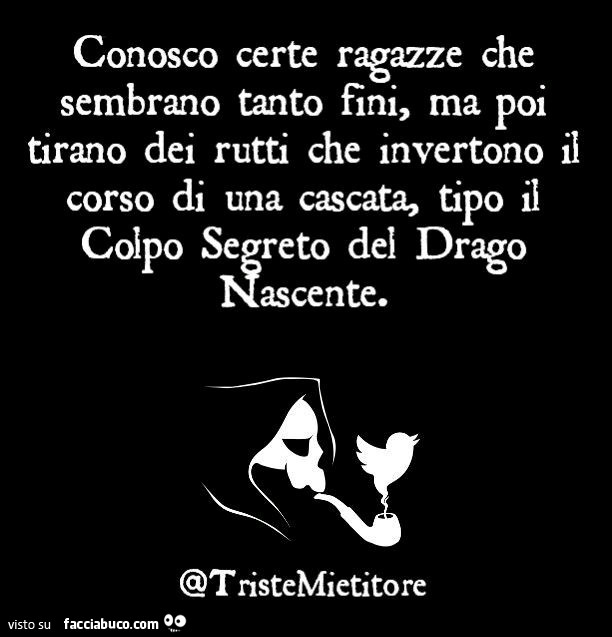 Conosco certe ragazze che poi sembrano tanto fini, ma poi tirano dei rutti che invertono il corso di una cascata, tipo il colpo segreto del drago nascente