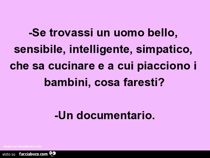 Se trovassi un uomo bello, sensibile, intelligente, simpatico, che sa cucinare e a cui piacciono i bambini, cosa faresti? -Un documentario