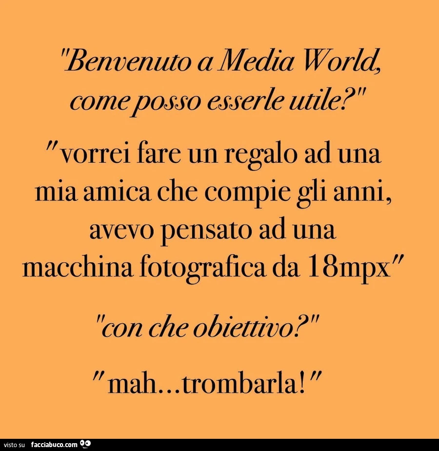 Benvenuto a media world, come posso esserle utile? Vorrei fare un regalo ad una mia amica che compie gli anni, avevo pensato ad una macchina fotografica da 18mpx. Con che obiettivo? Mah&hellip; trombarla