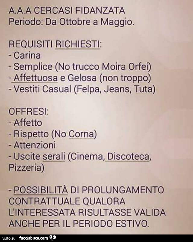 AAA cercasi fidanzata periodo: da ottobre a maggio