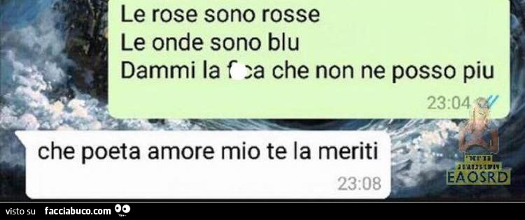 Le rose sono rosse, le onde sono blu, dammi la fica che non ne posso più. Che poeta amore mio te la meriti