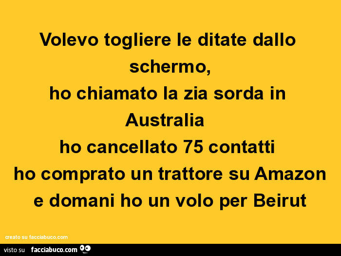Volevo togliere le ditate dallo schermo, ho chiamato la zia sorda in australia ho cancellato 75 contatti ho comprato un trattore su amazon e domani ho un volo per beirut