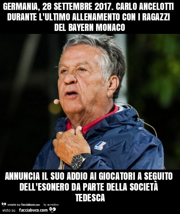 Germania, 28 settembre 2017. Carlo Ancelotti durante l'ultimo allenamento con i ragazzi del bayern monaco annuncia il suo addio ai giocatori a seguito dell'esonero da parte della società tedesca