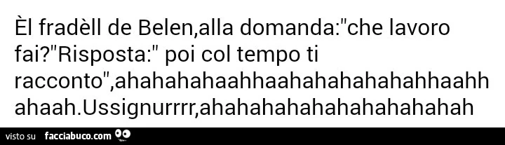 Èl fradèll de Belen, alla domanda: che lavoro fai? Risposta: poi col tempo ti racconto, ahahahahaahhaahahahahahahhaahh ahaah. Ussignurrrr, ahahahahahahahahahahah