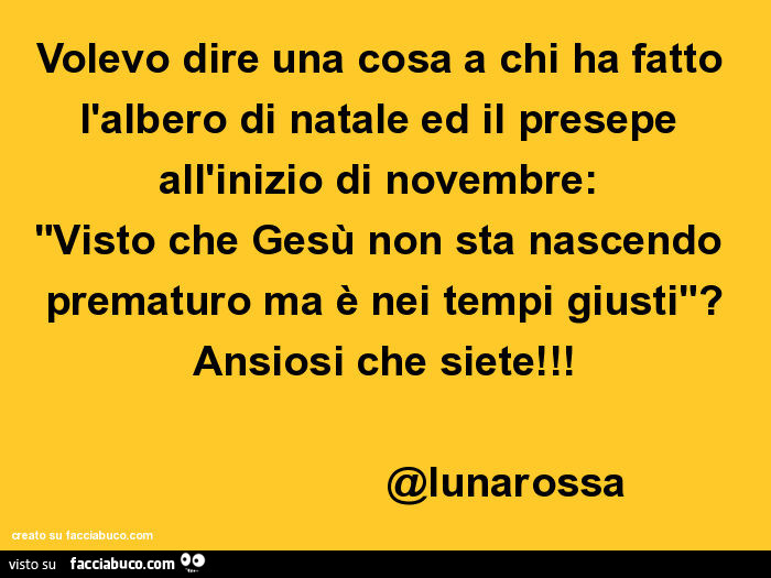 Volevo dire una cosa a chi ha fatto l'albero di natale ed il presepe all'inizio di novembre: "visto che gesù non sta nascendo prematuro ma è nei tempi giusti"? Ansiosi che siete! @Lunarossa