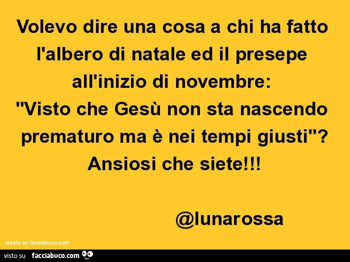 Volevo dire una cosa a chi ha fatto l'albero di natale ed il presepe all'inizio di novembre: "visto che gesù non sta nascendo prematuro ma è nei tempi giusti"? Ansiosi che siete! @Lunarossa