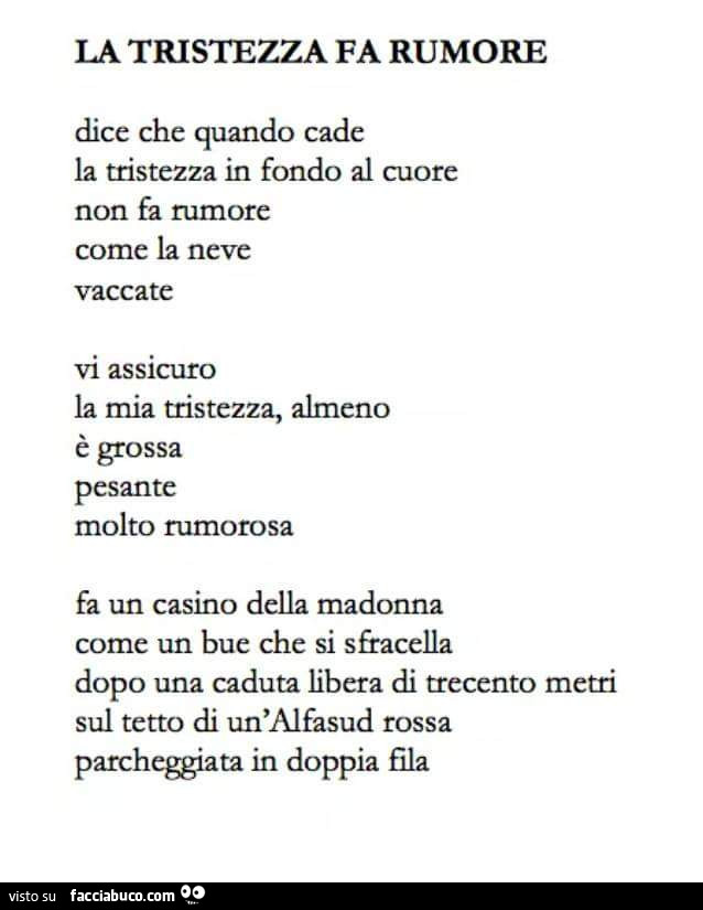 La tristezza fa rumore. Dice che quando cade la tristezza in fondo al cuore non fa rumore come la neve, vaccate, vi assicuro la mia tristezza, almeno è grossa pesante molto rumorosa