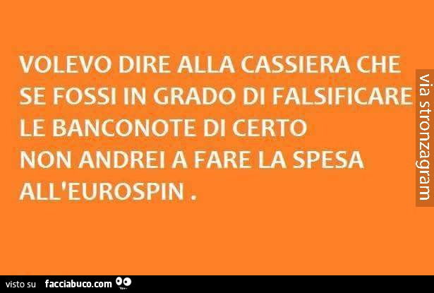 Volevo dire alla cassiera che se fossi in grado di falsificare le banconote di certo non andrei a fare la spesa all'eurospin