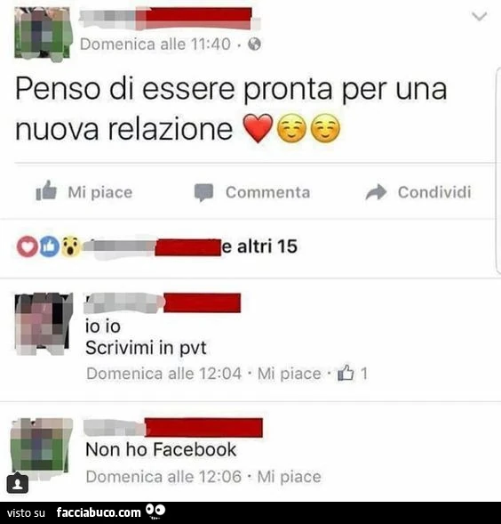 Penso di essere pronta per una nuova relazione. Io io scrivimi in pvt. Non ho facebook