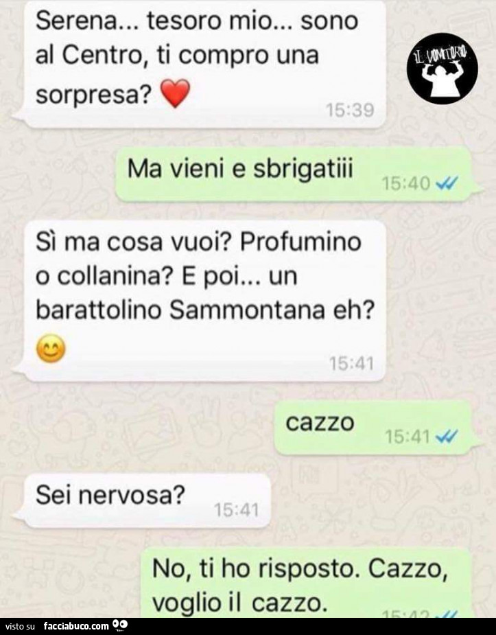 Serena… tesoro mio… sono al centro, ti compro una sorpresa? Ma vieni e sbrigatiii. Sì ma cosa vuoi? Profumino o collanina? E poi… un barattolino sammontana eh? Cazzo. Sei nervosa? No, ti ho risposto. Cazzo, voglio il cazzo