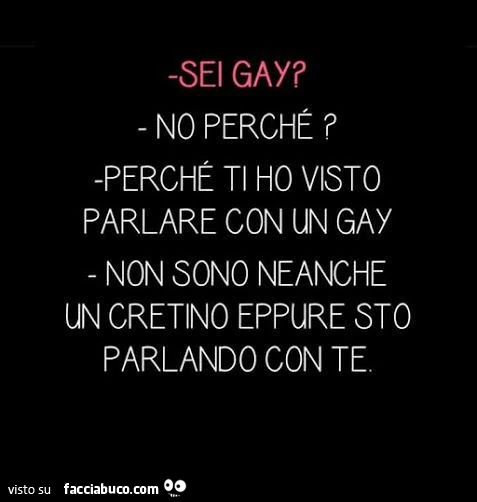 Sei gay? No Perché? Perché ti ho visto parlare con un gay. Non sono neanche un cretino eppure sto parlando con te