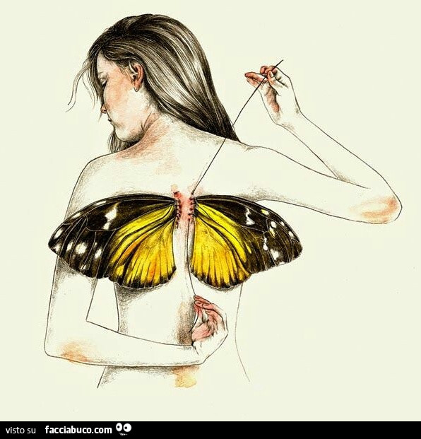 Si cuce le ali da farfalla dietro la schiena