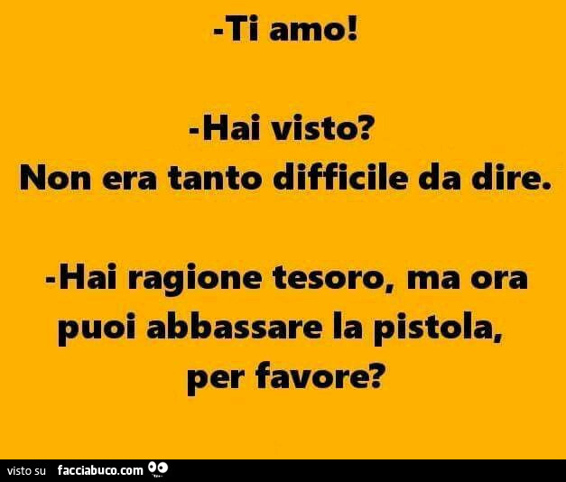 Ti amo! Hai visto? Non era tanto difficile da dire. Hai ragione tesoro, ma ora puoi abbassare la pistola, per favore?