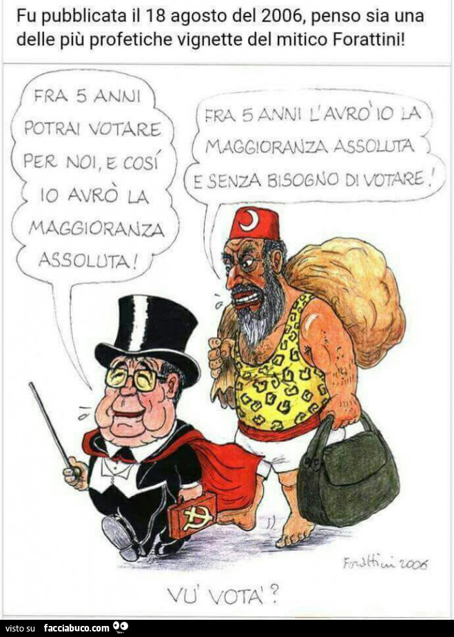 Fu pubblicata il 18 agosto del 2006, penso sia una delle più profetiche vignette del mitico forattini