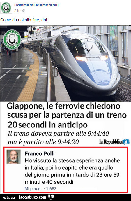 Giappone, le ferrovie chiedono scusa per la partenza di un treno 20 secondi in anticipo. Ho vissuto la stessa esperienza anche in italia, poi ho capito che era quello del giorno prima in ritardo di 23 ore 59 minuti e 40 secondi