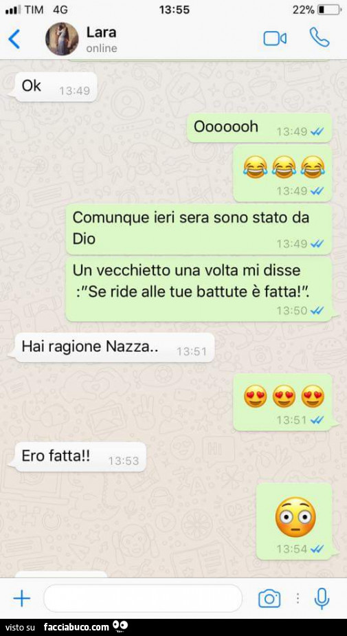 Comunque ieri sera sono stato da Dio. Un vecchietto una volta mi disse: se ride alle tue battute è fatta! Hai ragione Nazza… ero fatta