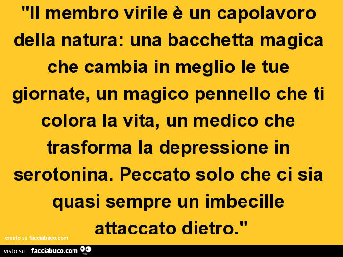 Il membro virile è un capolavoro della natura: una bacchetta magica che cambia in meglio le tue giornate, un magico pennello che ti colora la vita, un medico che trasforma la depressione in serotonina