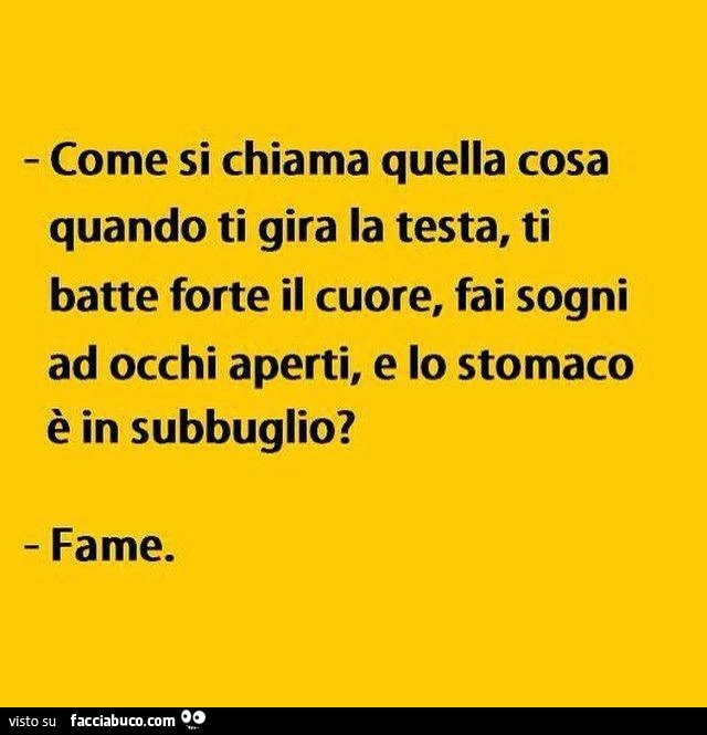 Come si chiama quella cosa quando ti gira la testa, ti batte forte il cuore, fai sogni ad occhi aperti, e lo stomaco è in subbuglio? Fame