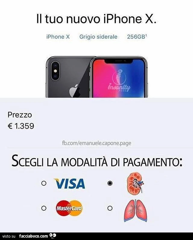 Il tuo nuovo iPhone X. Scegli la modalità di pagamento. Visa, Mastercard, Rene, Polmoni