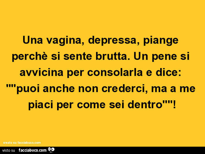 Una vagina, depressa, piange perchè si sente brutta. Un pene si avvicina per consolarla e dice: puoi anche non crederci, ma a me piaci per come sei dentro