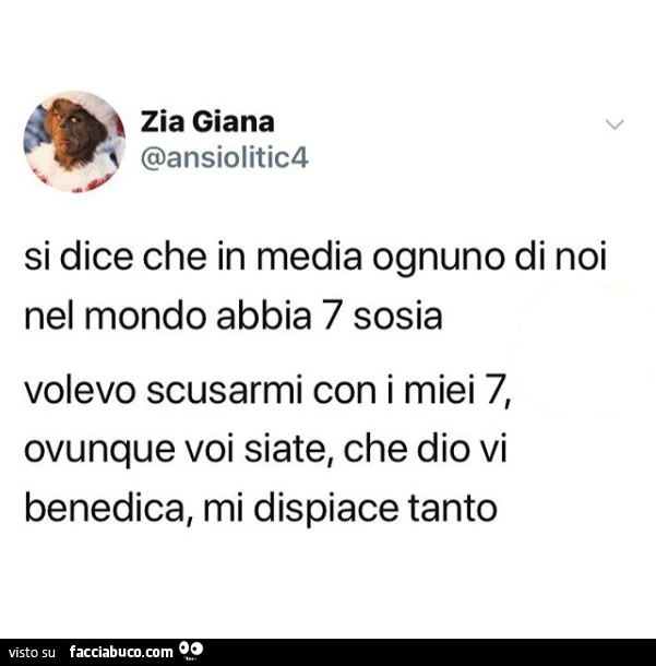 Si dice che in media ognuno di noi nel mondo abbia 7 sosia. Volevo scusarmi con i miei 7, ovunque voi siate, che dio vi benedica, mi dispiace tanto