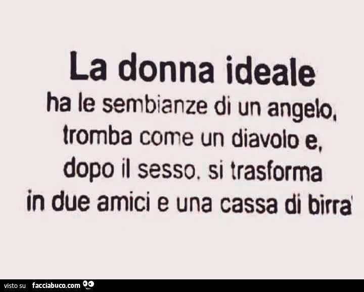 La donna ideale ha le sembianze di un angelo, tromba come un diavolo e, dopo il sesso si trasforma in due amici e una cassa di birra