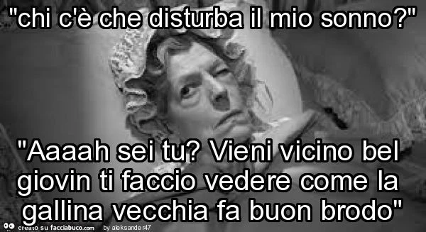 "chi c'è che disturba il mio sonno? " "Aaaah sei tu? Vieni vicino bel giovin ti faccio vedere come la gallina vecchia fa buon brodo"