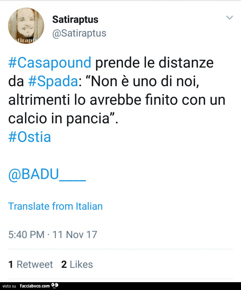 #casapound prende le distanze da #spada. Non è uno di noi, altrimenti lo avrebbe finito con un calcio in pancia