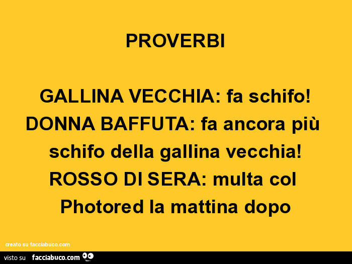 Proverbi gallina vecchia: fa schifo! Donna baffuta: fa ancora più schifo della gallina vecchia! Rosso di sera: multa col photored la mattina dopo