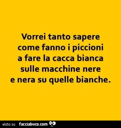 Vorrei tanto sapere come fanno i piccioni a fare la cacca bianca sulle macchine nere e nera su quelle bianche