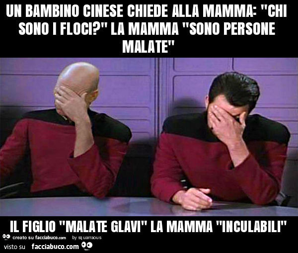 Un bambino cinese chiede alla mamma: "chi sono i floci? " La mamma "sono persone malate" il figlio "malate glavi" la mamma "inculabili"