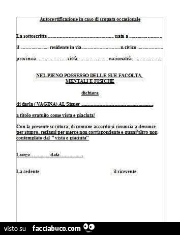 Autocertificazione in caso di scopata occasionale