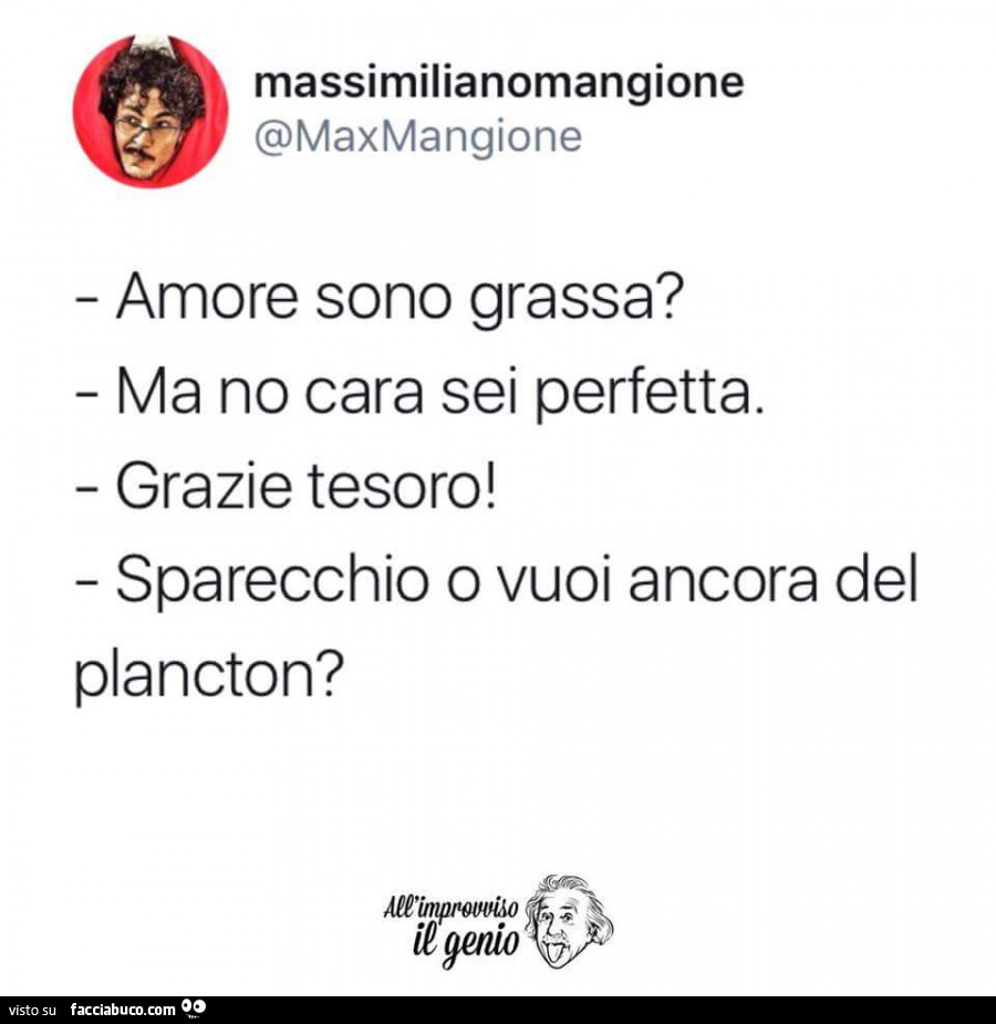 Amore sono grassa? Ma no cara sei perfetta. Grazie tesoro! Sparecchio o vuoi ancora del plancton?