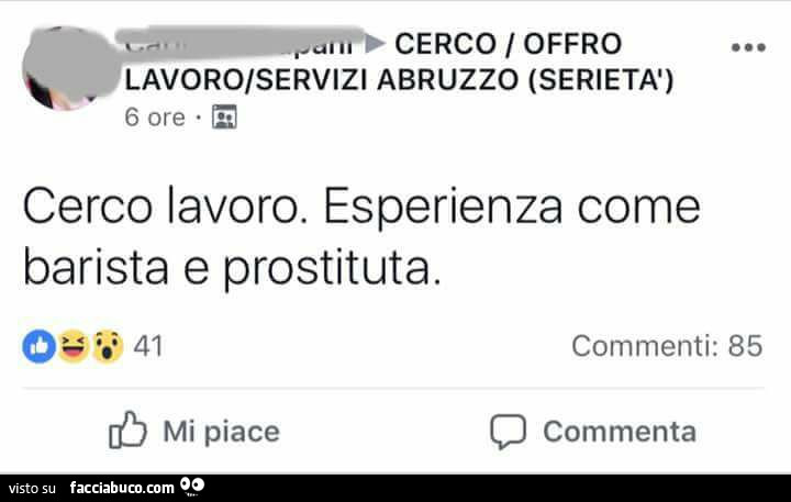 Cerco lavoro. Esperienza come barista e prostituta