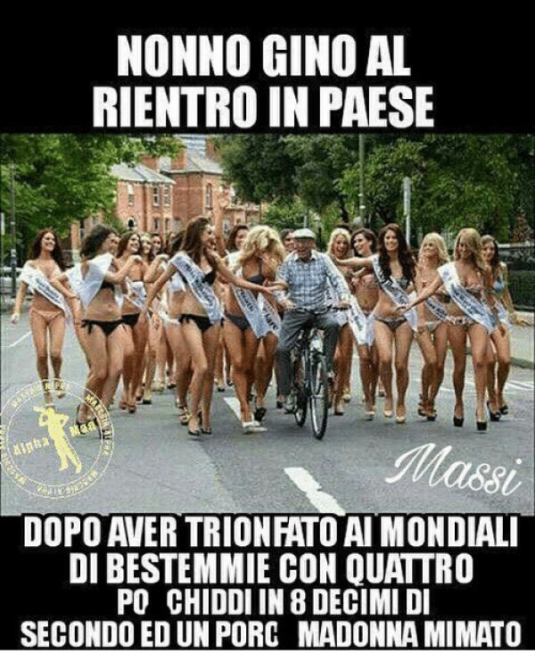 Nonno Gino al rientro in paese dopo aver trionfato al mondiali di bestemmie
